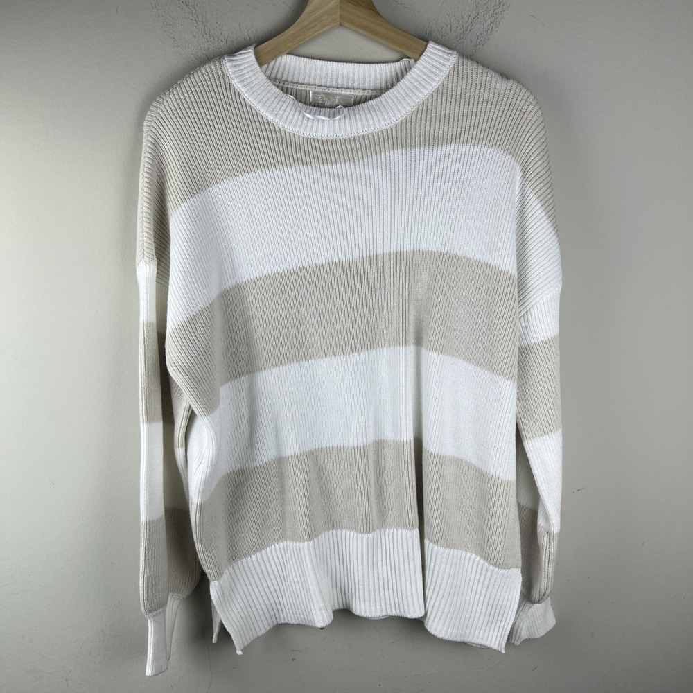 Moon & Madison Women's Sweater Size Large Brown White Striped Knit Pullover Cozy